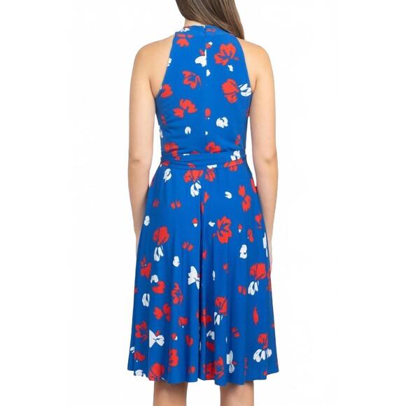 NEW TAHARI BY ASL crossed neck print jersey dress in blue multi - Picture 2 of 5